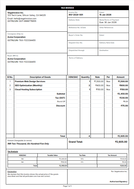 Tally Invoice Template